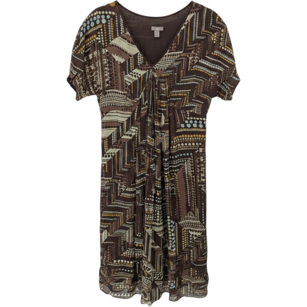 J Jill Silk Dress Women 12 Brown Geometric V Neck Short Sleeve Lined Retro Boho